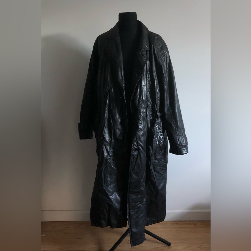 Mens Black Leather Trench-coat